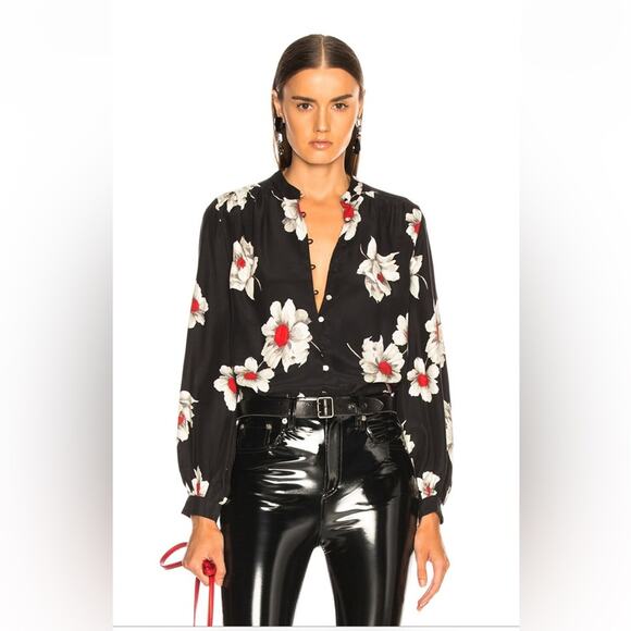 Equipment top medium NWT silk black white star ball long sleeve Cornelia button - Picture 2 of 16